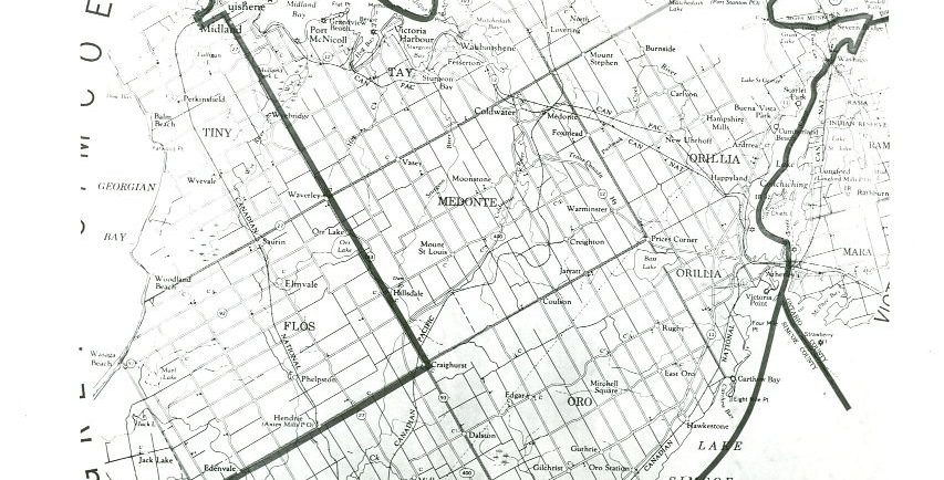 Black and white photocopy of the 1966 North Simcoe Electoral District Map. Thick black bordered area includes Orillia, Lake Simcoe, Barrie, Oro, Medonte, and Matchedash.