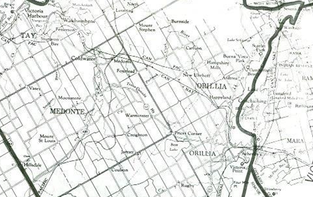 Black and white photocopy of the 1966 North Simcoe Electoral District Map. Thick black bordered area includes Orillia, Lake Simcoe, Barrie, Oro, Medonte, and Matchedash.