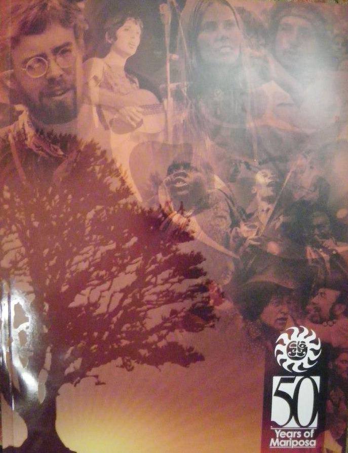 Red-toned Mariposa Folk Festival booklet cover features a generational collage of musical artists's performing. A mature maple tree sits bottom left, sun-themed logo bottom right accompanies title "50 Years of Mariposa”