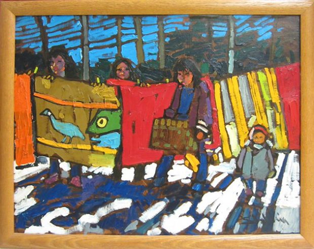 Arthur Shilling’s vibrant oil painting of four Indigenous family members gathered around colourful blankets hanging to dry outside on a sunny winter day.