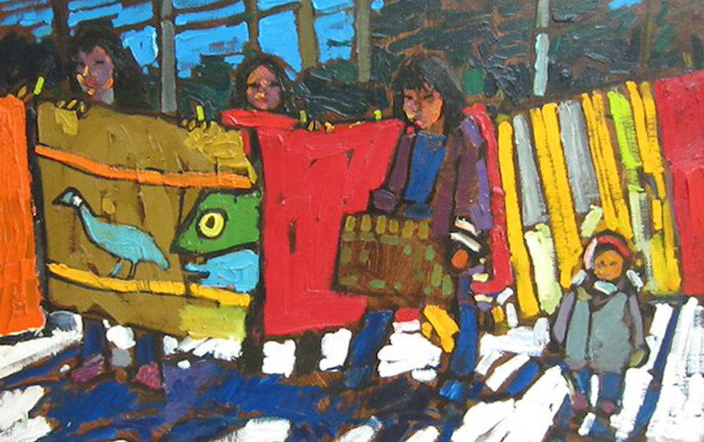 Arthur Shilling’s vibrant oil painting of four Indigenous family members gathered around colourful blankets hanging to dry outside on a sunny winter day.