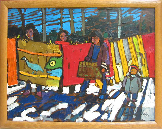 Arthur Shilling’s vibrant oil painting of four Indigenous family members gathered around colourful blankets hanging to dry outside on a sunny winter day.