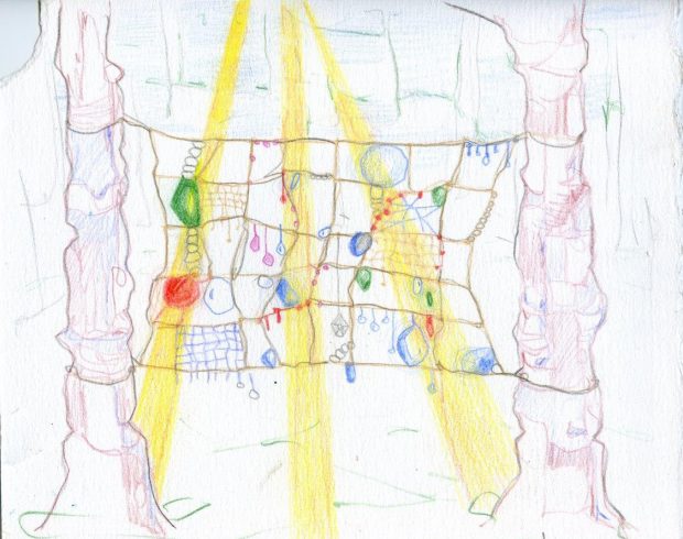 Tanya Cunnington’s coloured pencil and crayon on white paper. Yellow beams shine through the forest across a web of rope woven between two mature maple trees, covered with sparkling crystals.