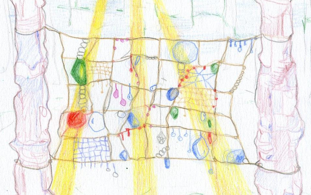 Tanya Cunnington’s coloured pencil and crayon on white paper. Yellow beams shine through the forest across a web of rope woven between two mature maple trees, covered with sparkling crystals.