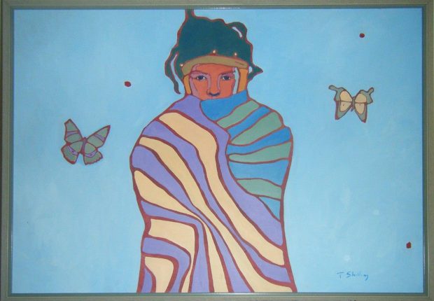 Bright blue oil painting of a young, cautious Indigenous girl wrapped in a purple, yellow, green and blue striped blanket, surrounded by two green butterflies and three red dots. Artist signature bottom right, T Shilling.