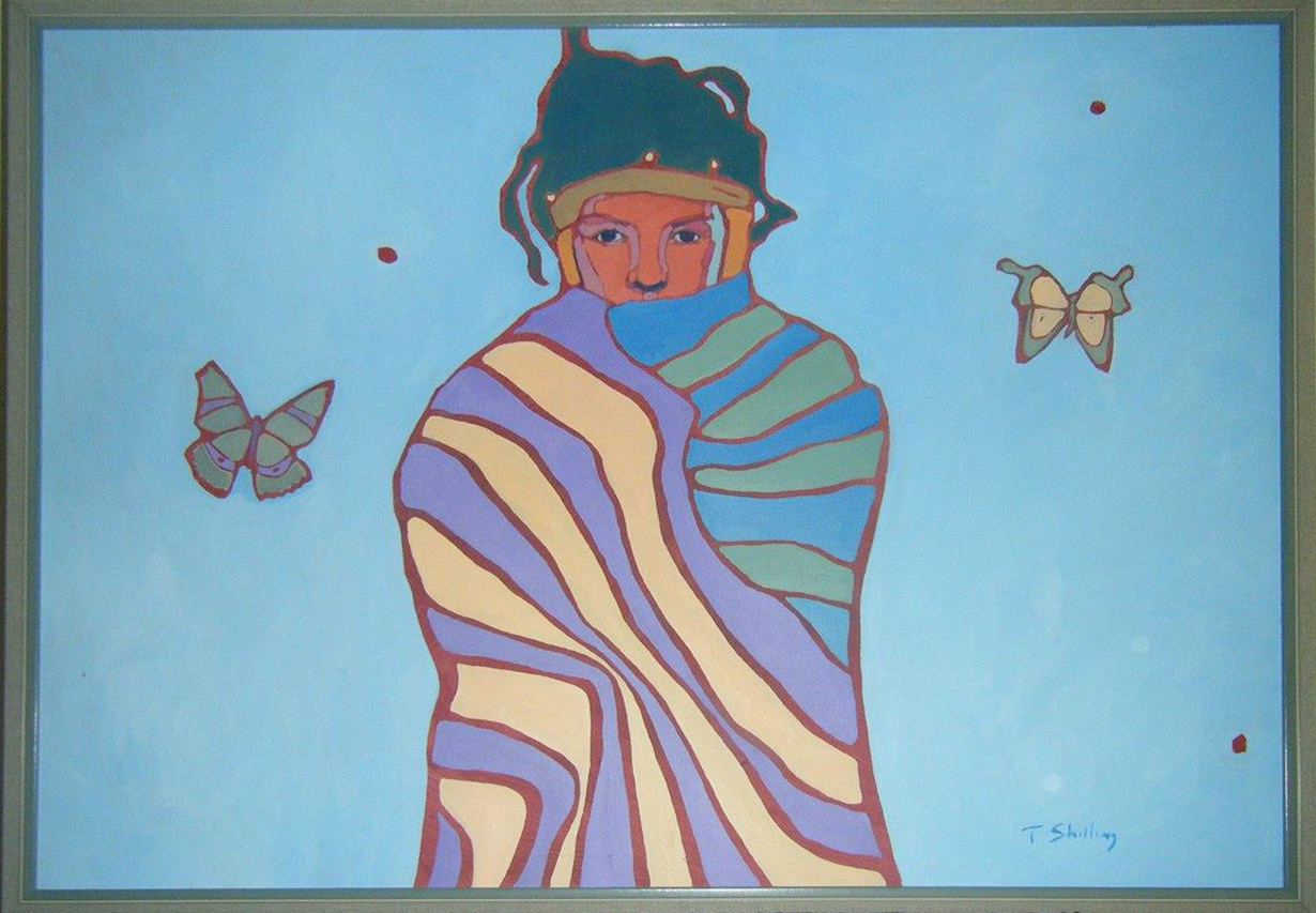 Bright blue oil painting of a young, cautious Indigenous girl wrapped in a purple, yellow, green and blue striped blanket, surrounded by two green butterflies and three red dots. Artist signature bottom right, "T Shilling".