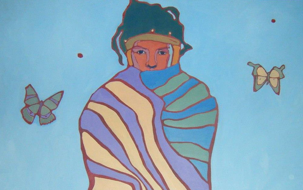 Bright blue oil painting of a young, cautious Indigenous girl wrapped in a purple, yellow, green and blue striped blanket, surrounded by two green butterflies and two red dots.