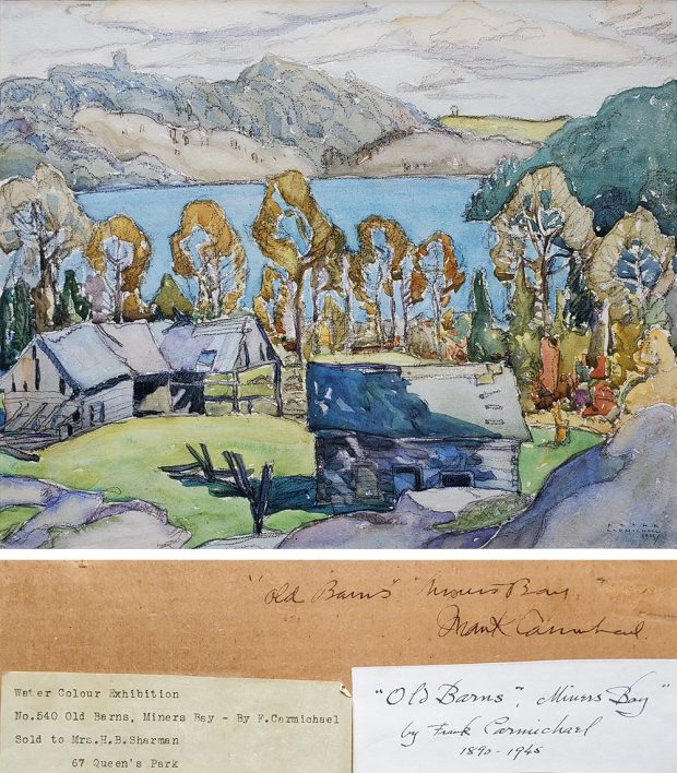 Franklin Carmichael's vibrant oil painting sketches a colourful autumn scene in Northern Ontario. A log cabin and barn sit atop a tree-lined hill, next to a mountainous blue lake. Additional details below on paper.