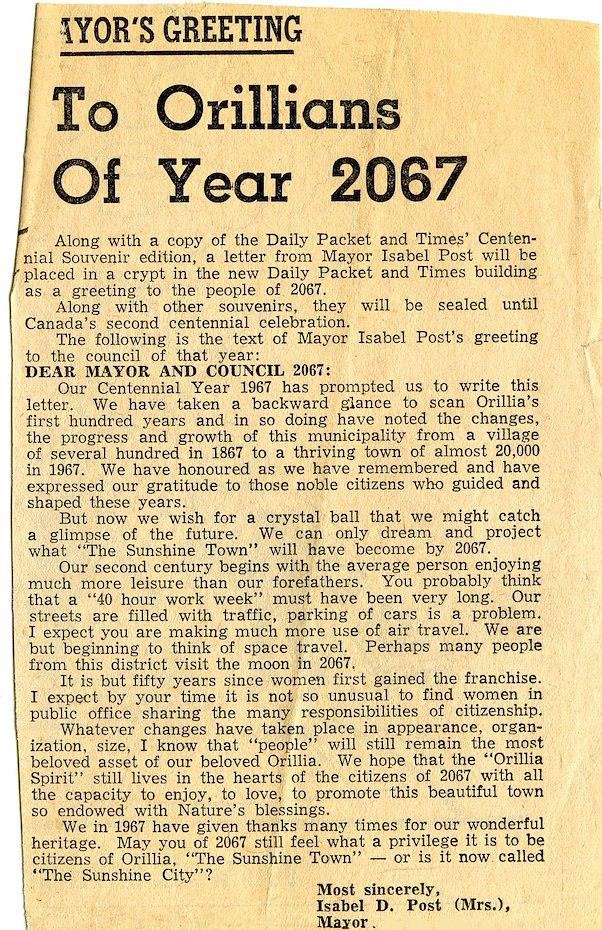 Aged, yellow-tinted Packet & Times newspaper article to Orillians of Year 2067. Mayor of 1967 describes the placement of a time capsule for future Orillians.