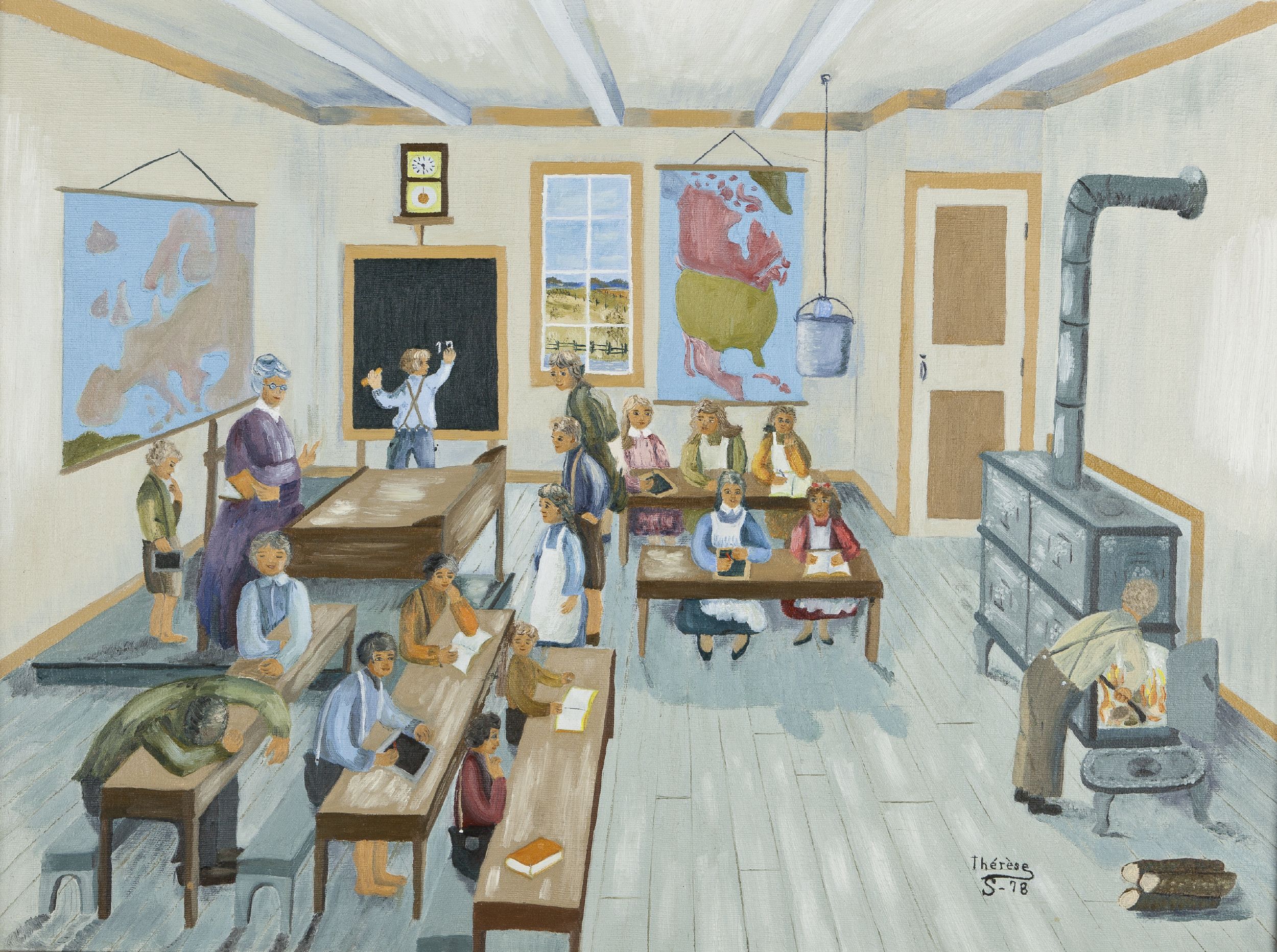 Painting depicting an old school classroom.