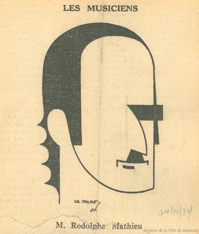 Black and white cartoon of Rodolphe Mathieu.