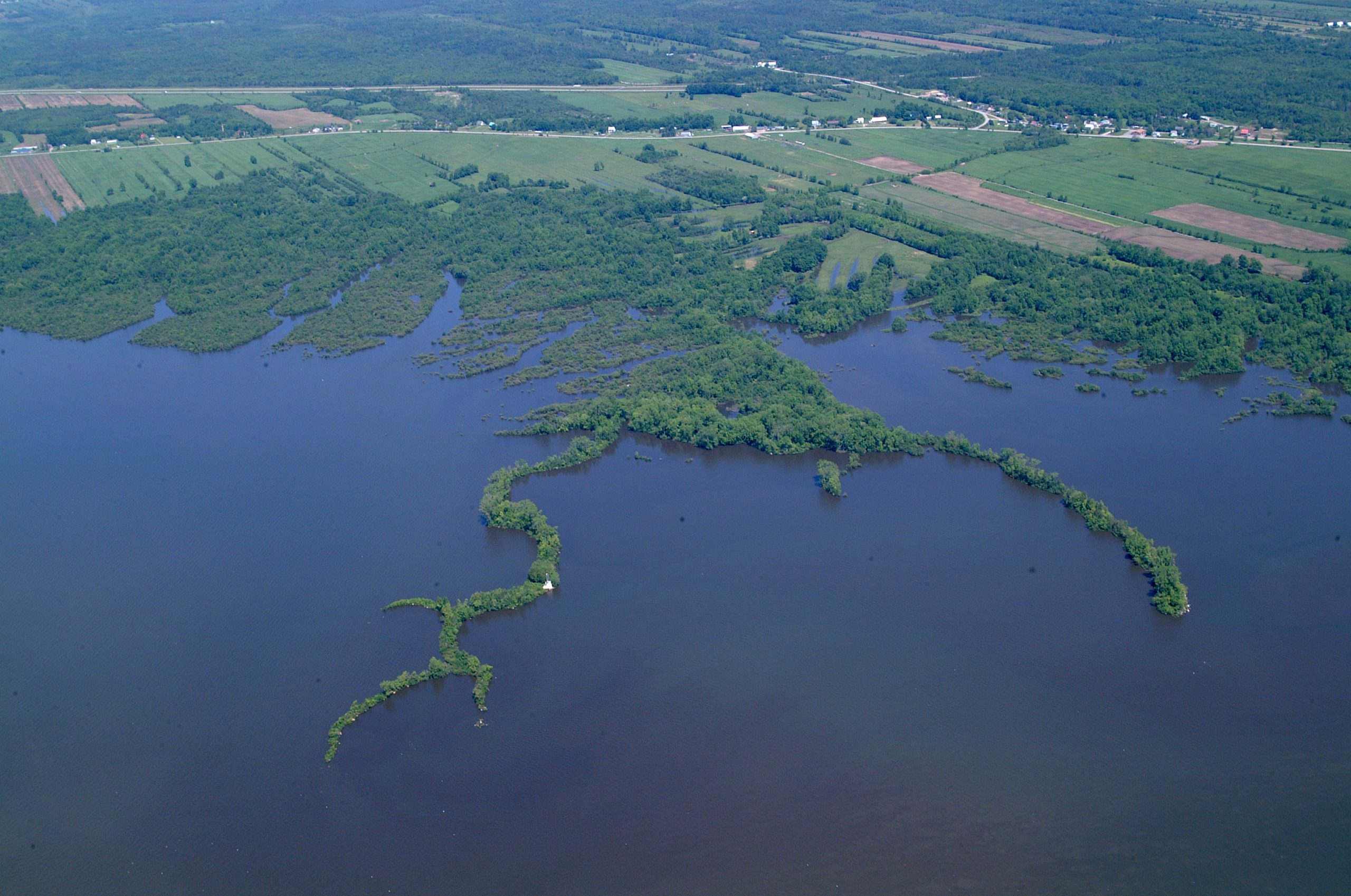 Aerial view of the points of land jutting out into the river.