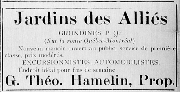 Archive of an advertisement for Jardins des Alliés, Grondines.