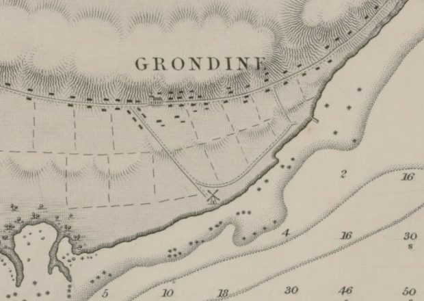 Map of Grondines showing the location of the mill and the first wharf.