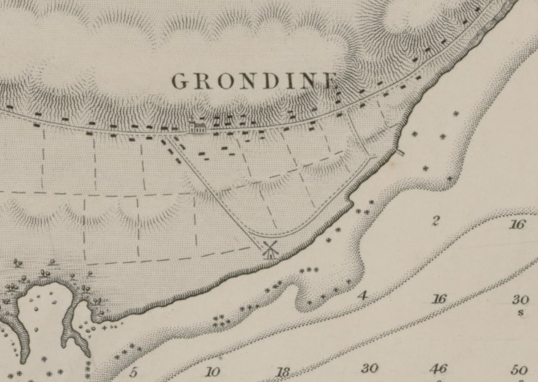 Map of Grondines showing the location of the mill and the first wharf.