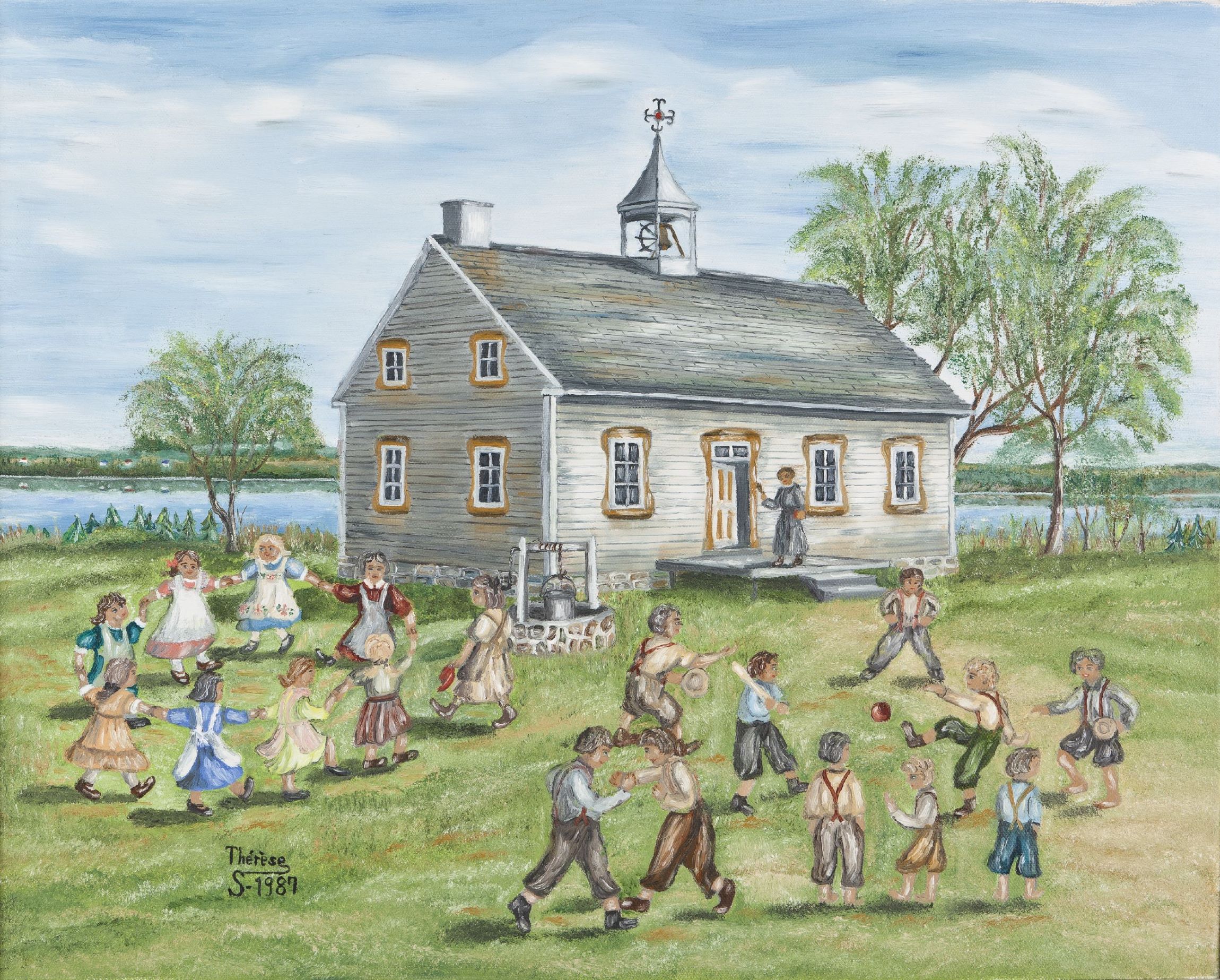 Painting of an early scene of children playing in front of a school near the river.