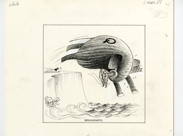 Cartoon of a mouse identified as Contestension chasing an elephant with a “Q” on its back and a pylon in its mouth.