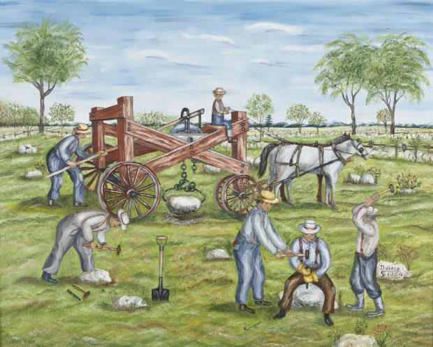 Painting depicting a period scene. Six men are removing stones from a field.