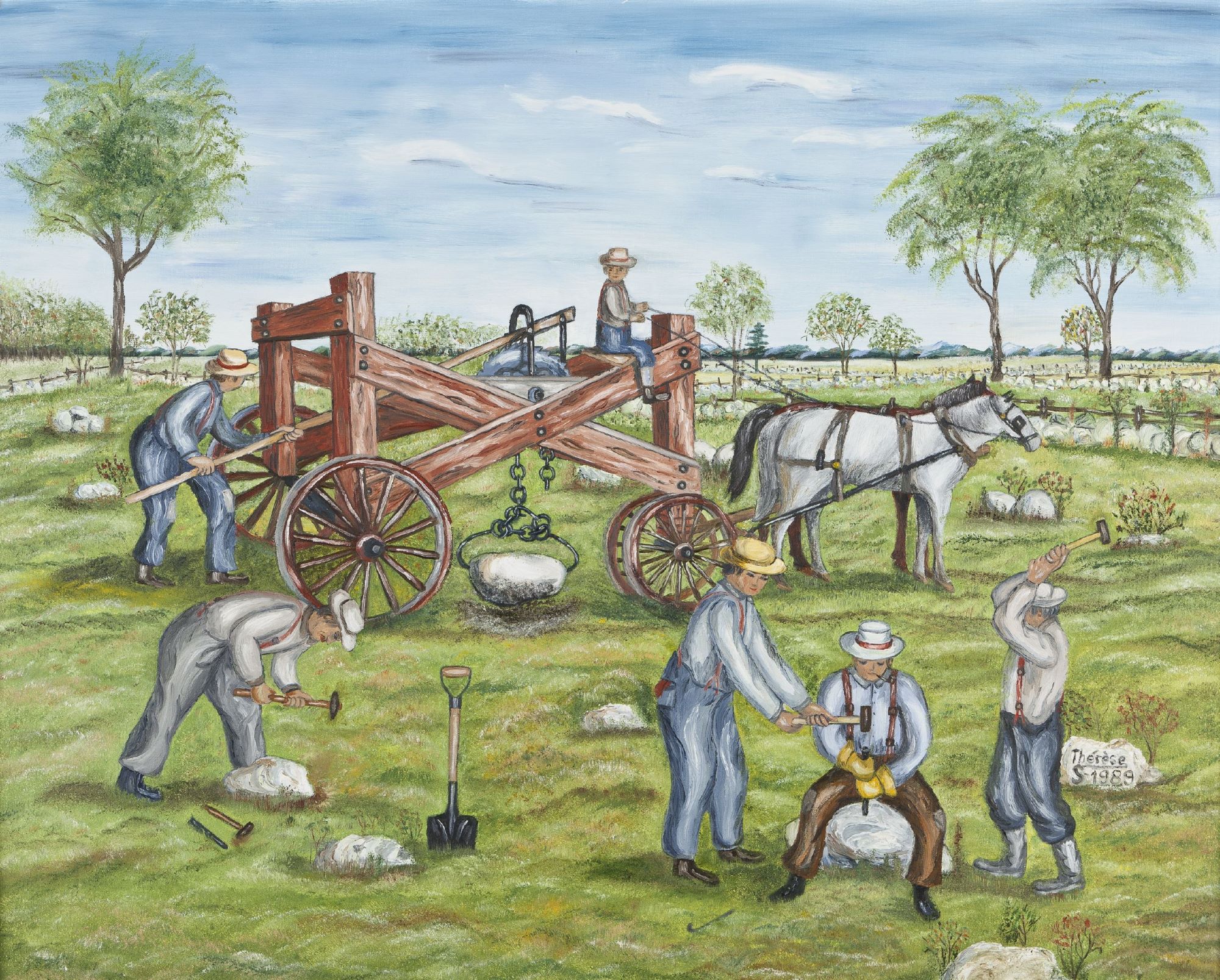 Painting depicting a period scene. Six men are removing stones from a field.