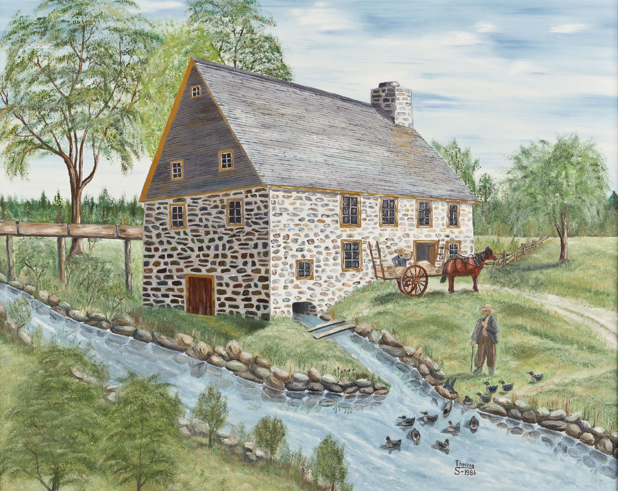 Painting of a stone building near a river.