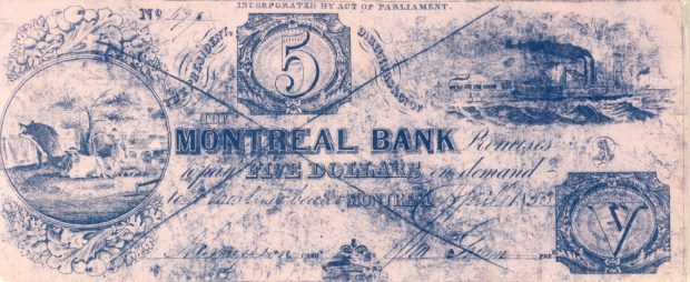 A facsimile of a $5 Bank of Montréal counterfeit bill.