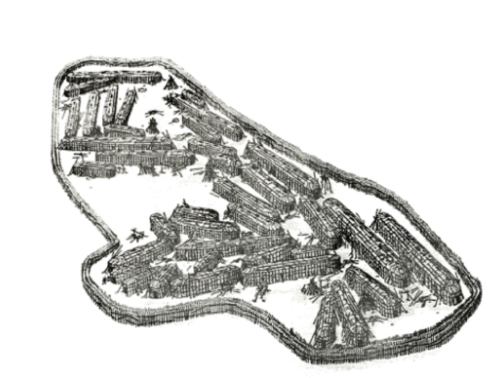 An irregular outline depicting the bordering fence of the village, with an irregular arrangement of longhouses dispersed throughout the site