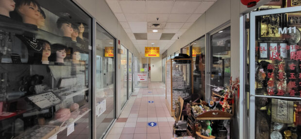 Interior corridor of a shopping center with glass storefronts displaying wigs, textiles, and cultural artifacts, leading to a food court.