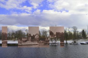 A black and white photograph of a steamboat and a large house superimposed on a contemporary photograph of a vacant lot.