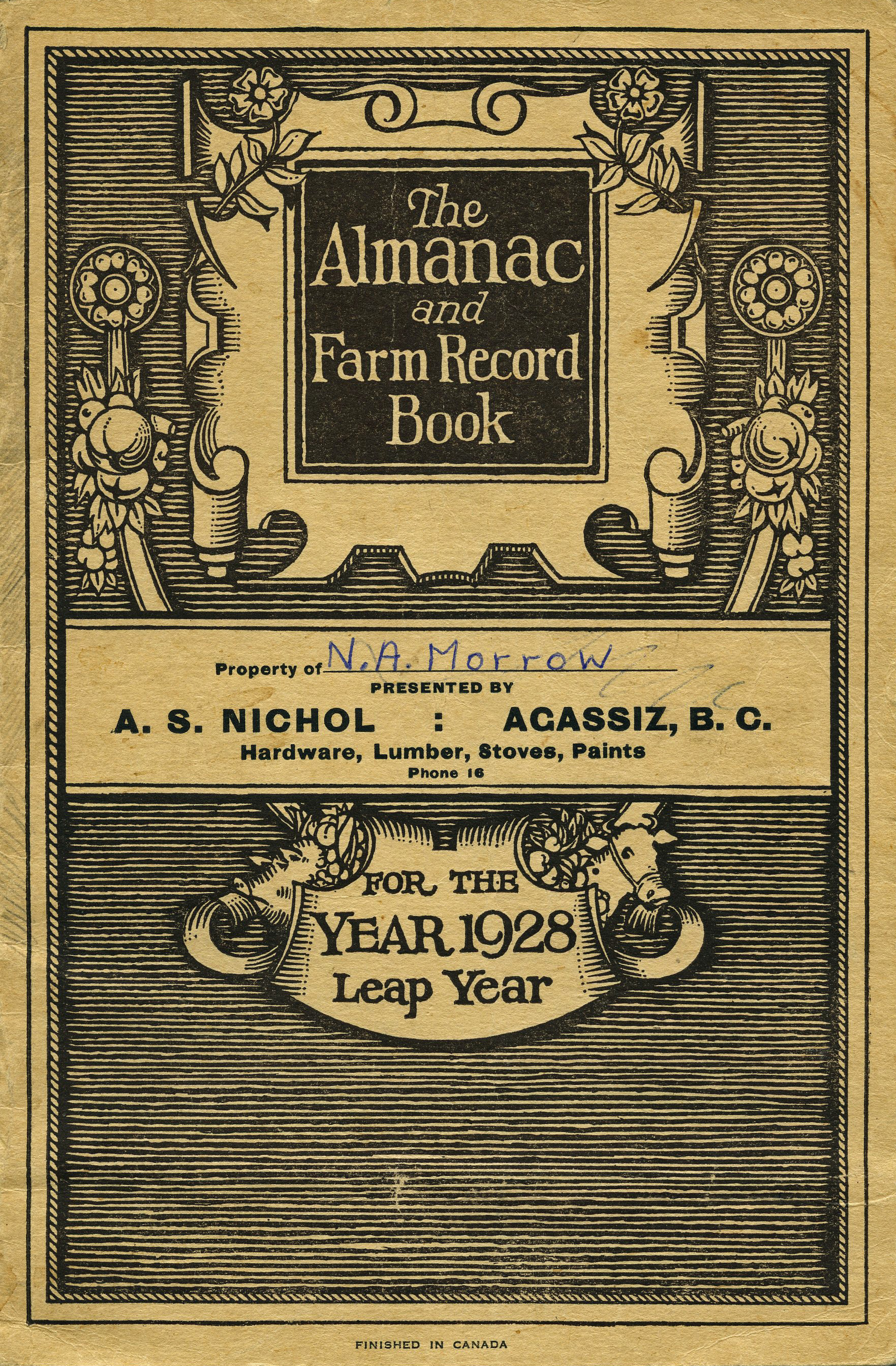 Colour image of the cover of the 1928 Almanac and Farm Record Book.