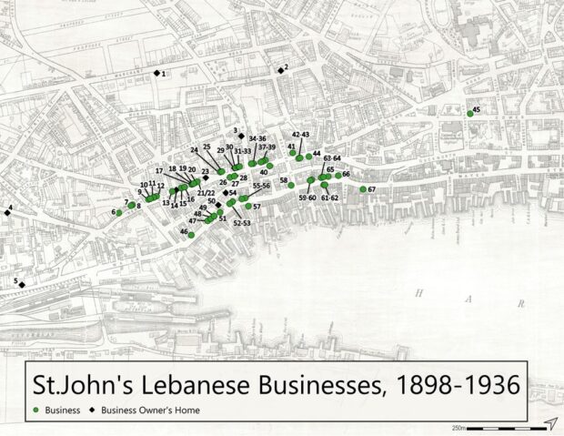 Aerial map of downtown St. John’s. Green dots mark businesses along the downtown core particularly New Gower and Water Street. Black diamonds mark business owner’s homes. The black diamonds are spread a bit further than the cluster of green dots.