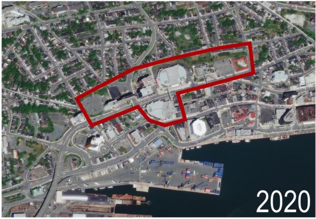 Aerial view of downtown St. John’s with 2020 in the bottom right corner. A red line outlines a particular area which includes part of Springdale Street along John Street, and Central Street to Carter’s Hill across New Gower Street down Queen Street across Water Street and up Waldegrave Street. The red bordered section highlights the difference made by redevelopment.