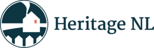 Colour logo for Heritage NL. A white home in a blue circle is to the left, and Heritage NL is written in blue to the right.