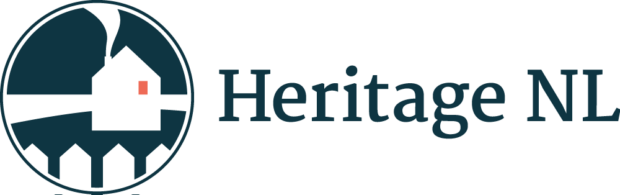 Colour logo for Heritage NL. A white home in a blue circle is to the left, and Heritage NL is written in blue to the right.