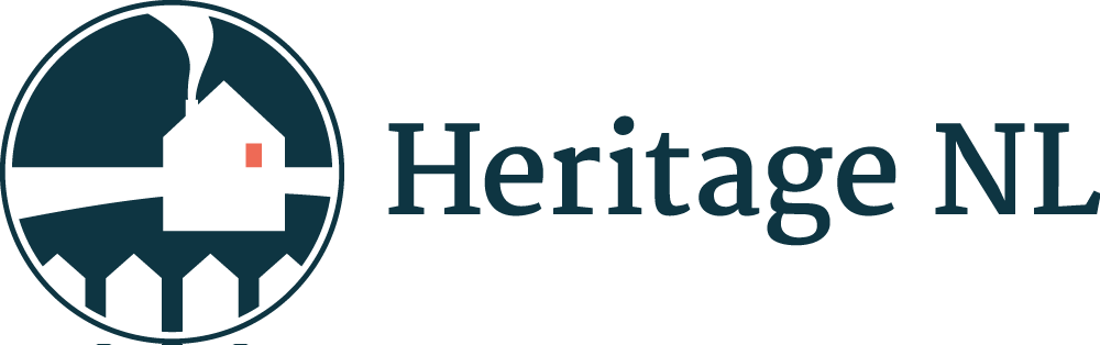 Colour logo for Heritage NL. A white home in a blue circle is to the left, and Heritage NL is written in blue to the right.