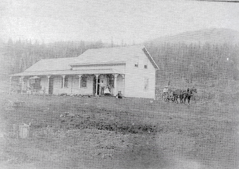 Wooden house and buggies before forested hill