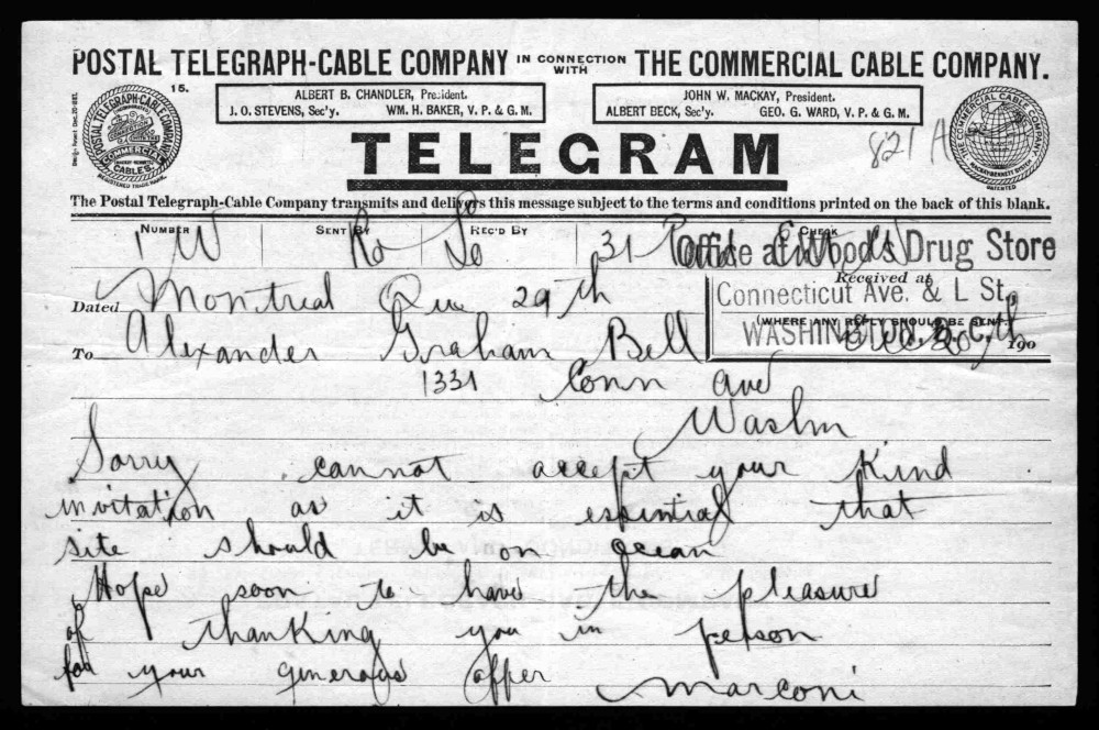 A printed telegram form from Guglielmo Marconi to Alexander Graham Bell. The handwritten message reads, “Sorry, cannot accept your kind invitation as it is essential that site should be on ocean. Hope soon to have the pleasure of thanking you in person for your generous offer. Marconi.”