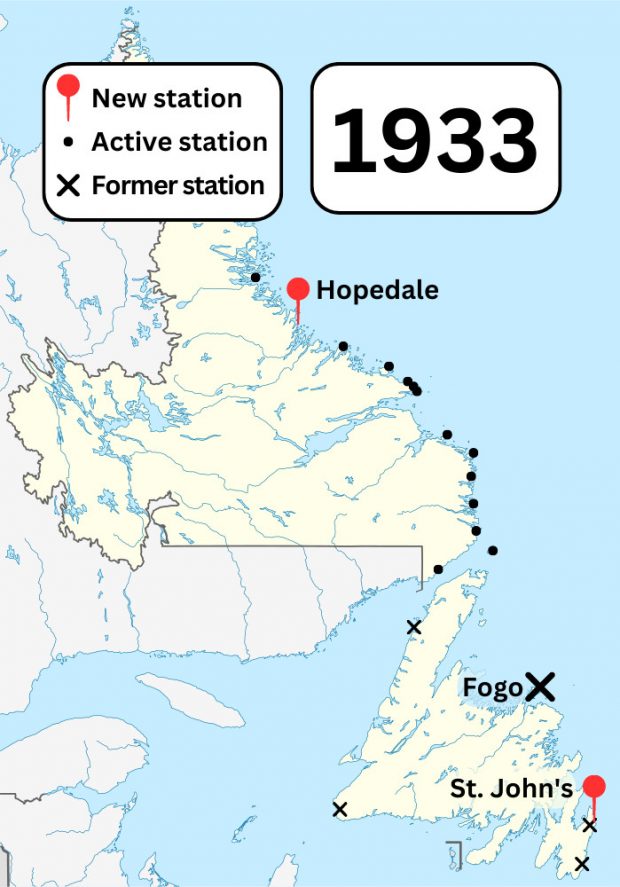 A colour map of Newfoundland and Labrador showing known Marconi wireless stations and former Marconi wireless stations in the area in 1933. Pins show stations opened in Hopedale and St. John's. A cross shows a station closed in Fogo.