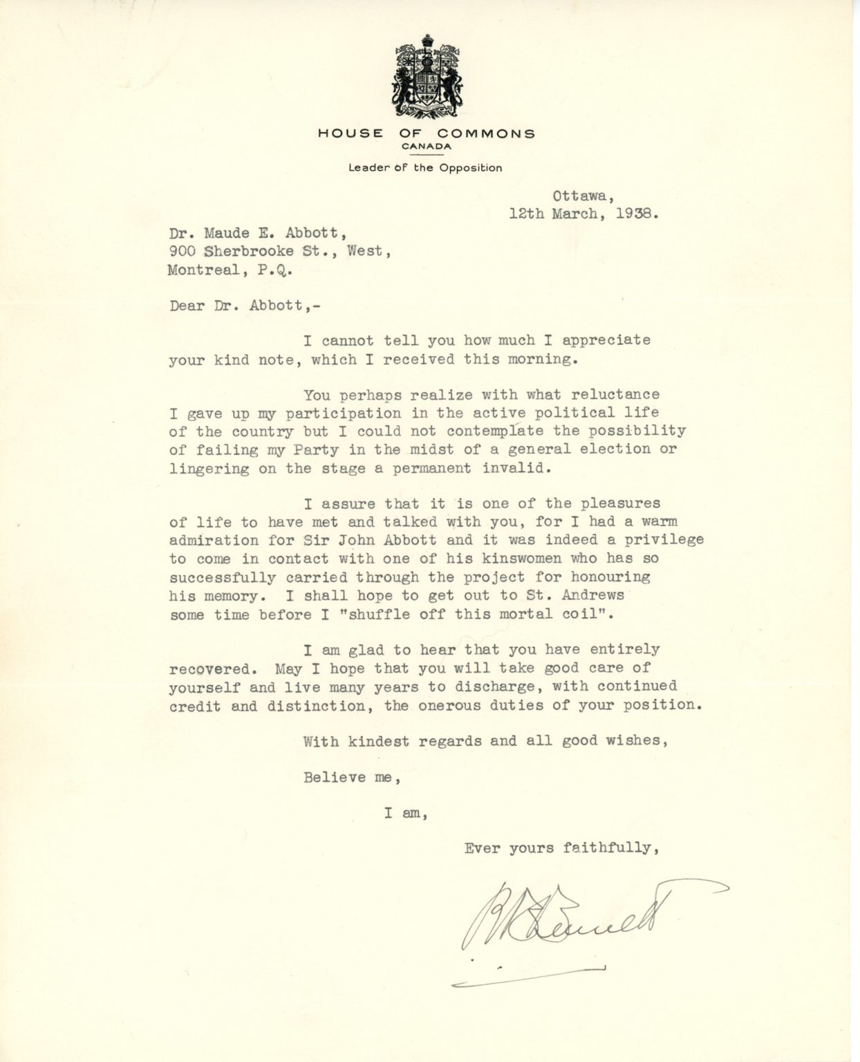 Correspondance Between Maude Abbott And The Canadian Prime Minister, R ...