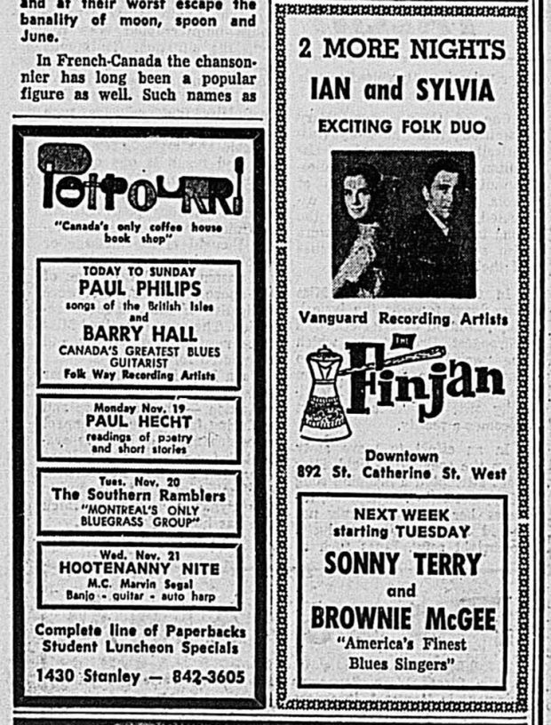 Black and white newspaper advertisements in black outlined rectangles side by side, one advertising concerts at The Potpourri and one advertising concerts at The Finjan.