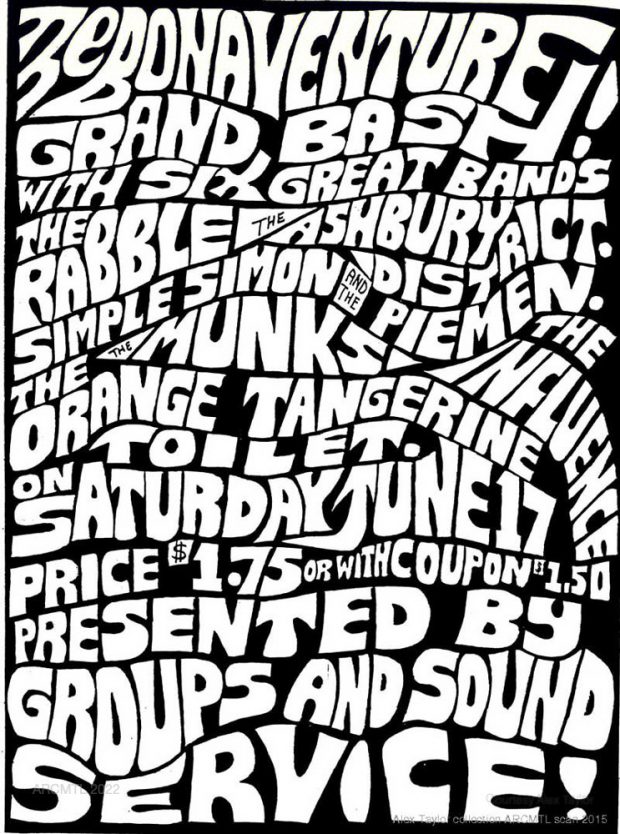 Black and white poster with bold, curvy, deformed and entangled block lettering filling up the whole space. The text at the top of the poster reads The Bonaventure Grand Bash! with six great bands.