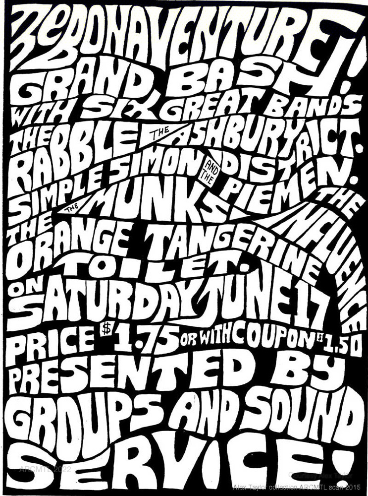 Black and white poster with bold, curvy, deformed and entangled block lettering filling up the whole space. The text at the top of the poster reads "The Bonaventure Grand Bash! with six great bands."