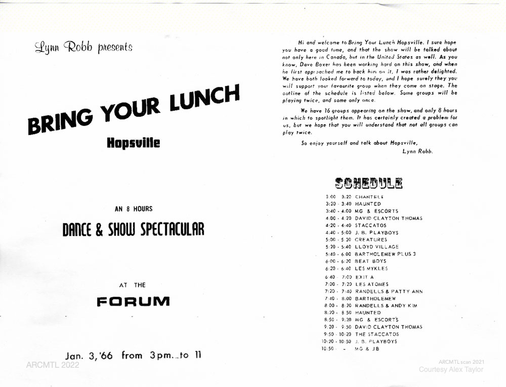 Black and white unfolded brochure with an event title on the left side and a description and schedule on the right side.