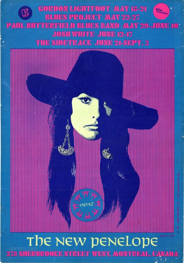 Psychedelic Poster advertising concerts at the New Penelope. Blue background with pink block lettering at the top, detailing performances and dates. Underneath, a blue and pink striped background with a woman with long hair, a cowboy hat, and dangling earrings in the centre, as well as an Expo 67 logo. The venue name in white and address in pink at the bottom.