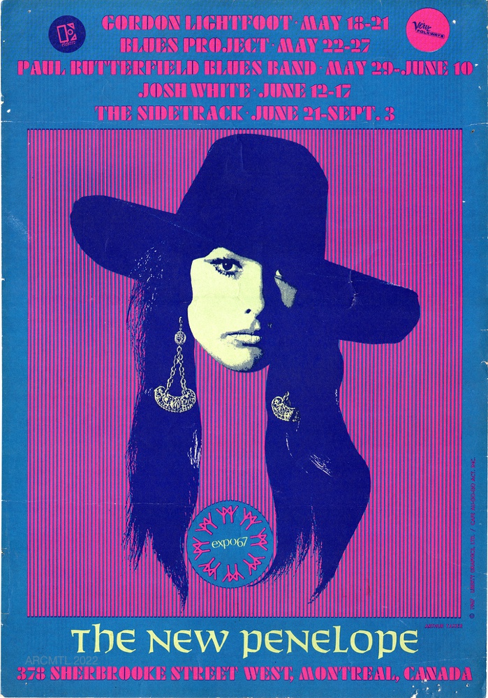 Psychedelic Poster advertising concerts at the New Penelope. Blue background with pink block lettering at the top, detailing performances and dates. Underneath, a blue and pink striped background with a woman with long hair, a cowboy hat, and dangling earrings in the centre, as well as an Expo 67 logo. The venue name in white and address in pink at the bottom.