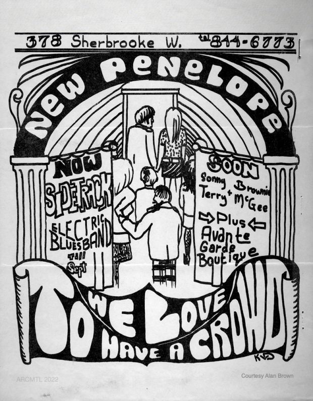 Black and white hand-painted sign featuring an illustration of people walking toward a door under an arch in which the name New Penelope is spelled. At the bottom are the words in large rounded letters, We love to have a crowd.