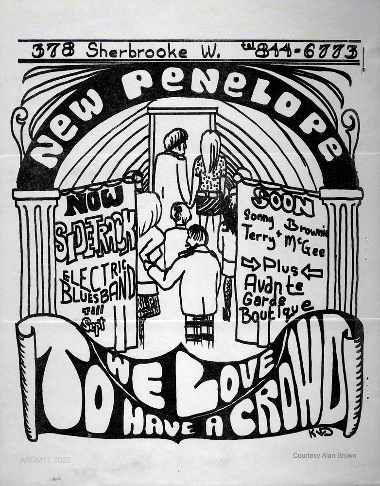 Black and white hand-painted sign featuring an illustration of people walking toward a door under an arch in which the name New Penelope is spelled. At the bottom are the words in large rounded letters, "We love to have a crowd."