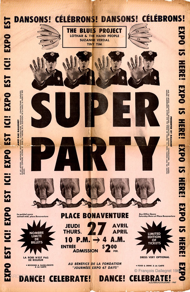 A faded printed poster with large black text in the centre on a pale pink paper background, for François Dallegret’s Super Party. Repeating black and white images of a policeman with his hand out are over the centre Super Party bold text and images of a large hand pinning a man to the ground placed below. Bold text borders the entire poster.