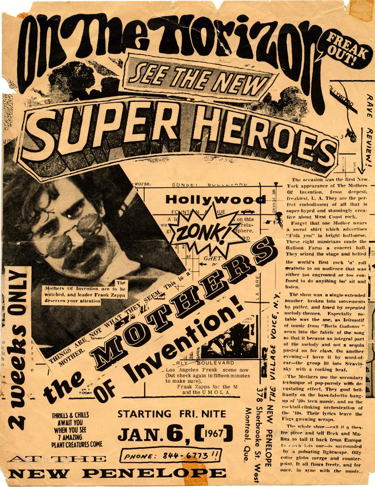 Black and white collage of varied newspaper clippings on yellowed paper with large titles and a photo of a man with long hair and sunglasses on the left half of the page.