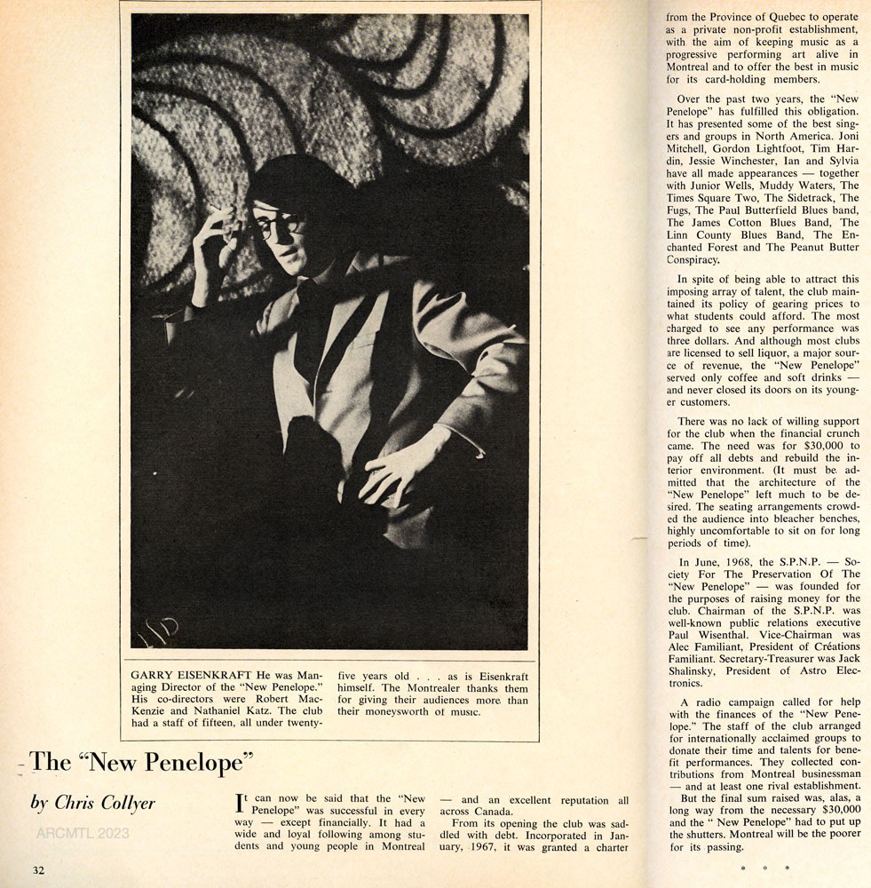 An article spread across one and a third pages of The Montrealer magazine, on the subject of the closing of The New Penelope and featuring a dark black and white image of a reflective-looking Gary Eisenkraft smoking a cigarette.