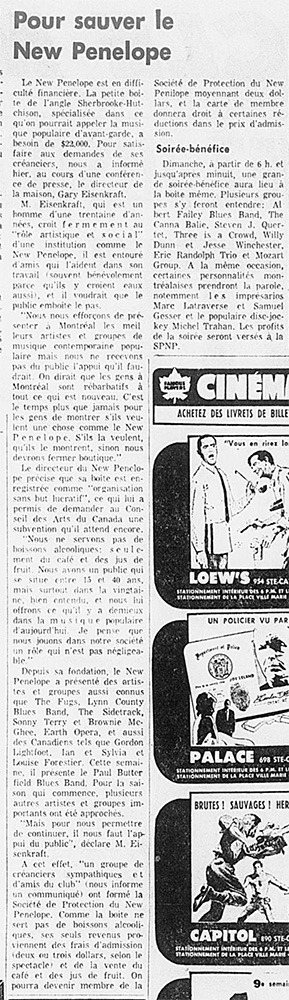 A vertical clipping from a newspaper with the title Pour sauver le New Penelope.